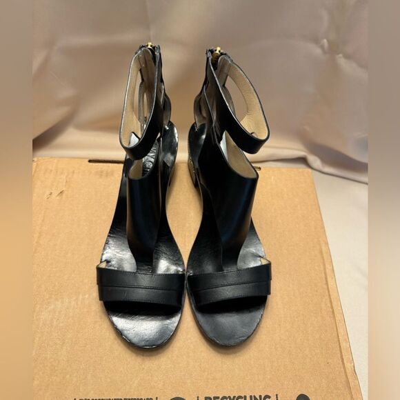 Jimmy Choo Valla-Style Black Leather Block Heel Sandals w/ Chain Detail, Size 38 - Picture 7 of 13